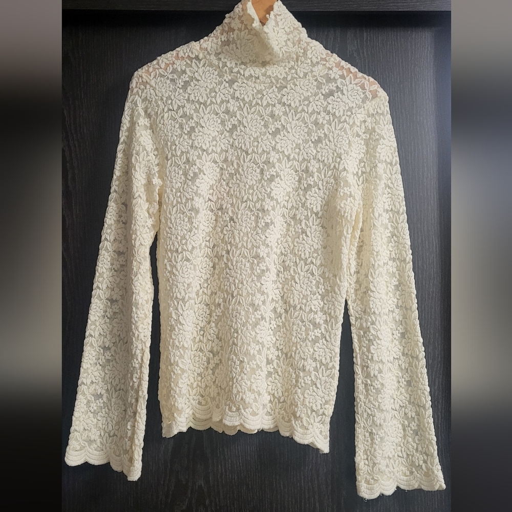 Vintage Cream Turtleneck Lace Long Bell Sleeve Top